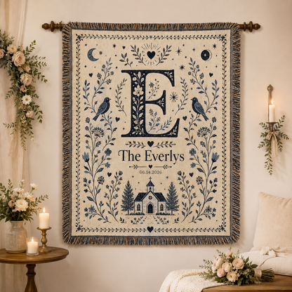 Personalized monogram wedding woven blanket displayed as elegant wall decor with flowers and candles