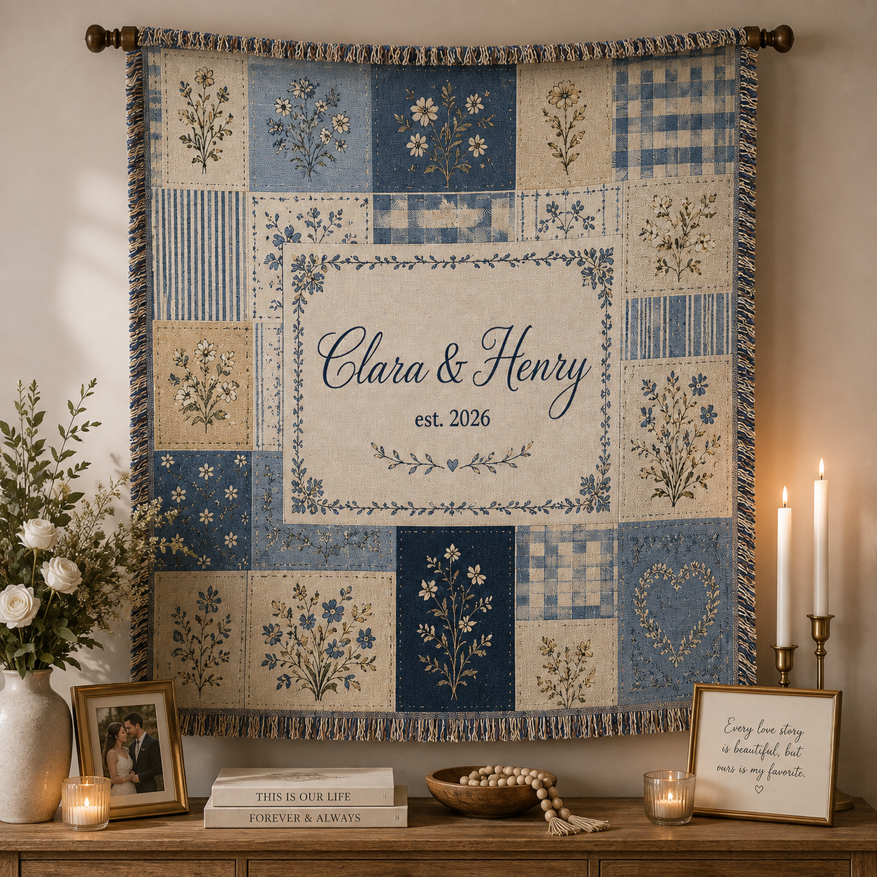 Personalized blue floral patchwork woven wedding blanket displayed as elegant wall decor above a wooden console