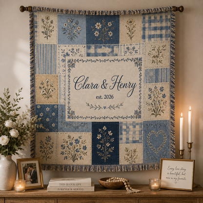 Personalized blue floral patchwork woven wedding blanket displayed as elegant wall decor above a wooden console