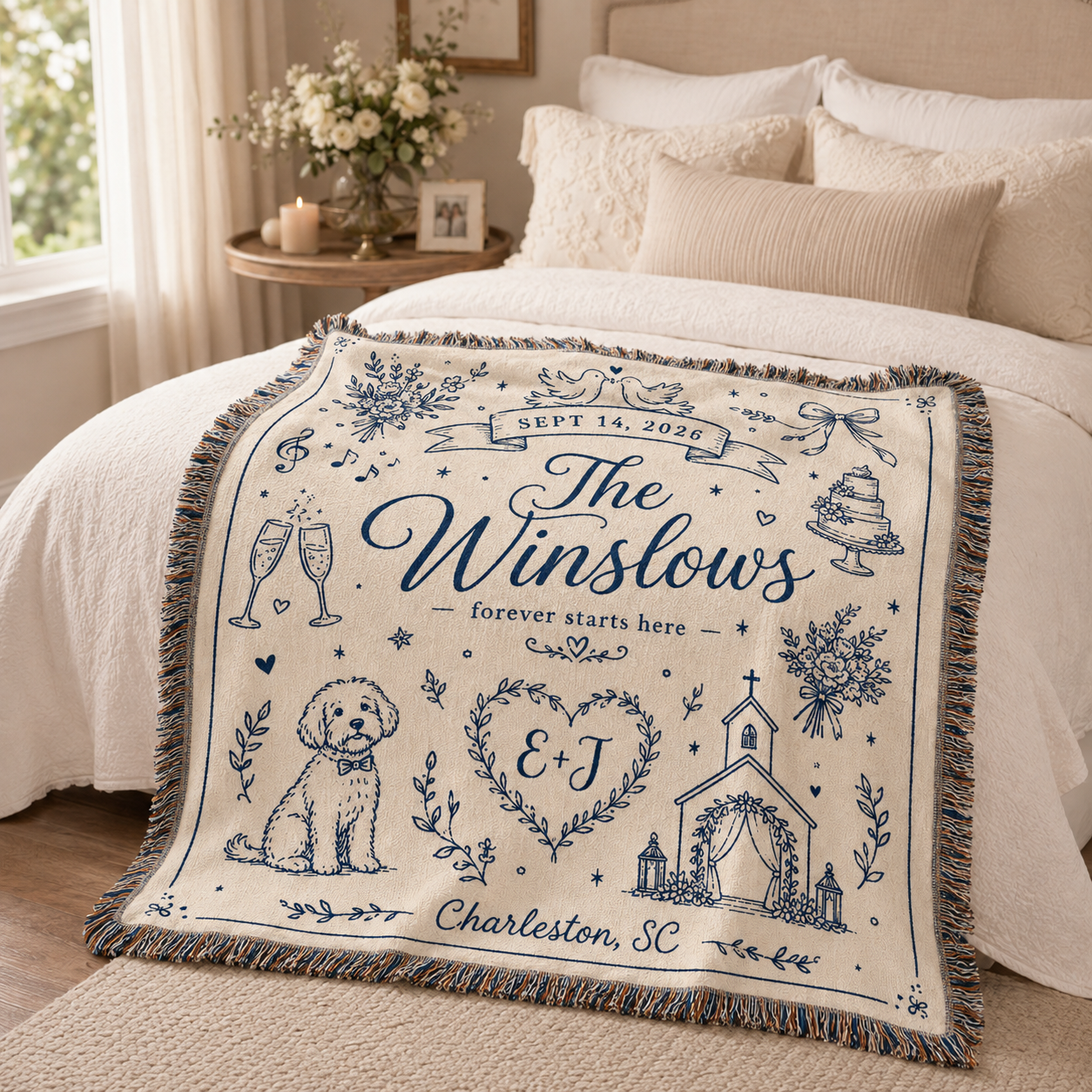 Personalized wedding woven blanket styled across a romantic bedroom