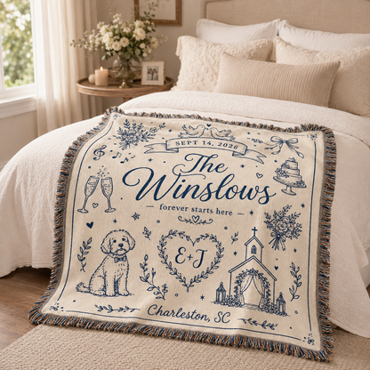 Personalized wedding woven blanket styled across a romantic bedroom