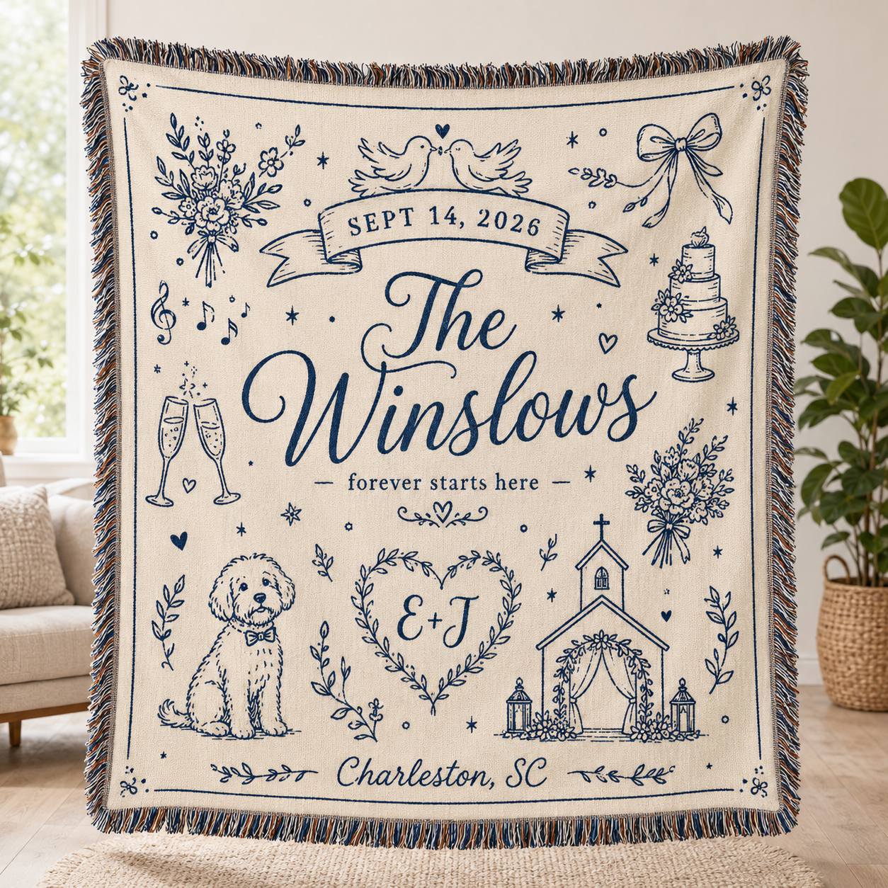 Personalized wedding woven blanket with custom family name date initials location and wedding doodles