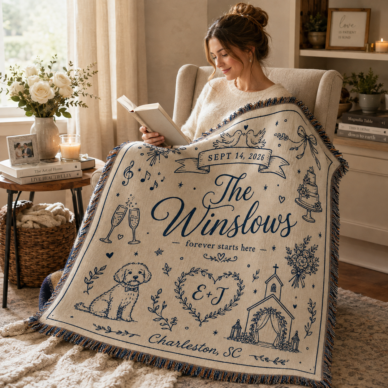 Personalized wedding woven blanket used in a cozy reading nook