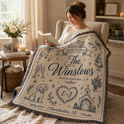 Personalized wedding woven blanket used in a cozy reading nook