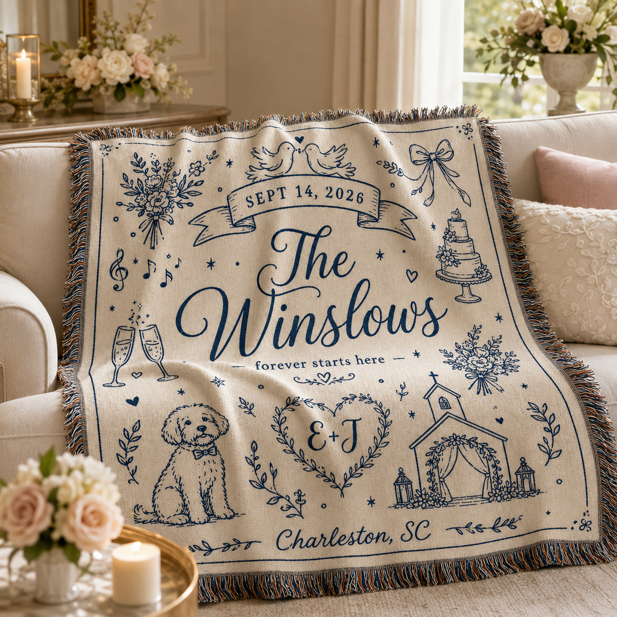 Personalized wedding woven blanket softly draped on a neutral sofa