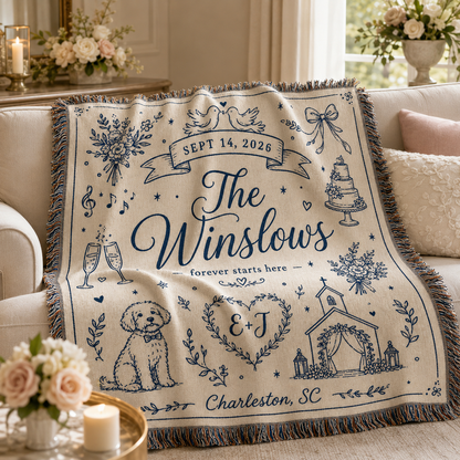 Personalized wedding woven blanket softly draped on a neutral sofa