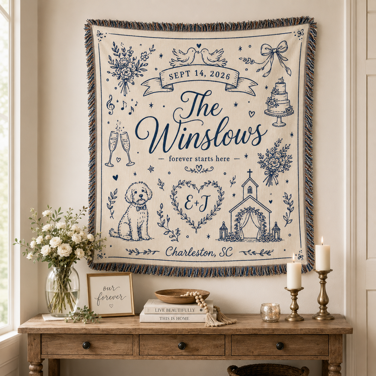 Personalized wedding woven blanket displayed as textile wall decor