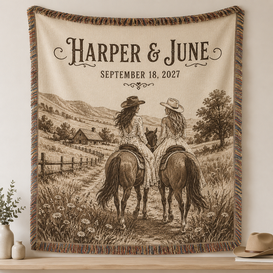 Personalized western horseback wedding woven blanket with Harper and June names and September 18 2027 date, full design