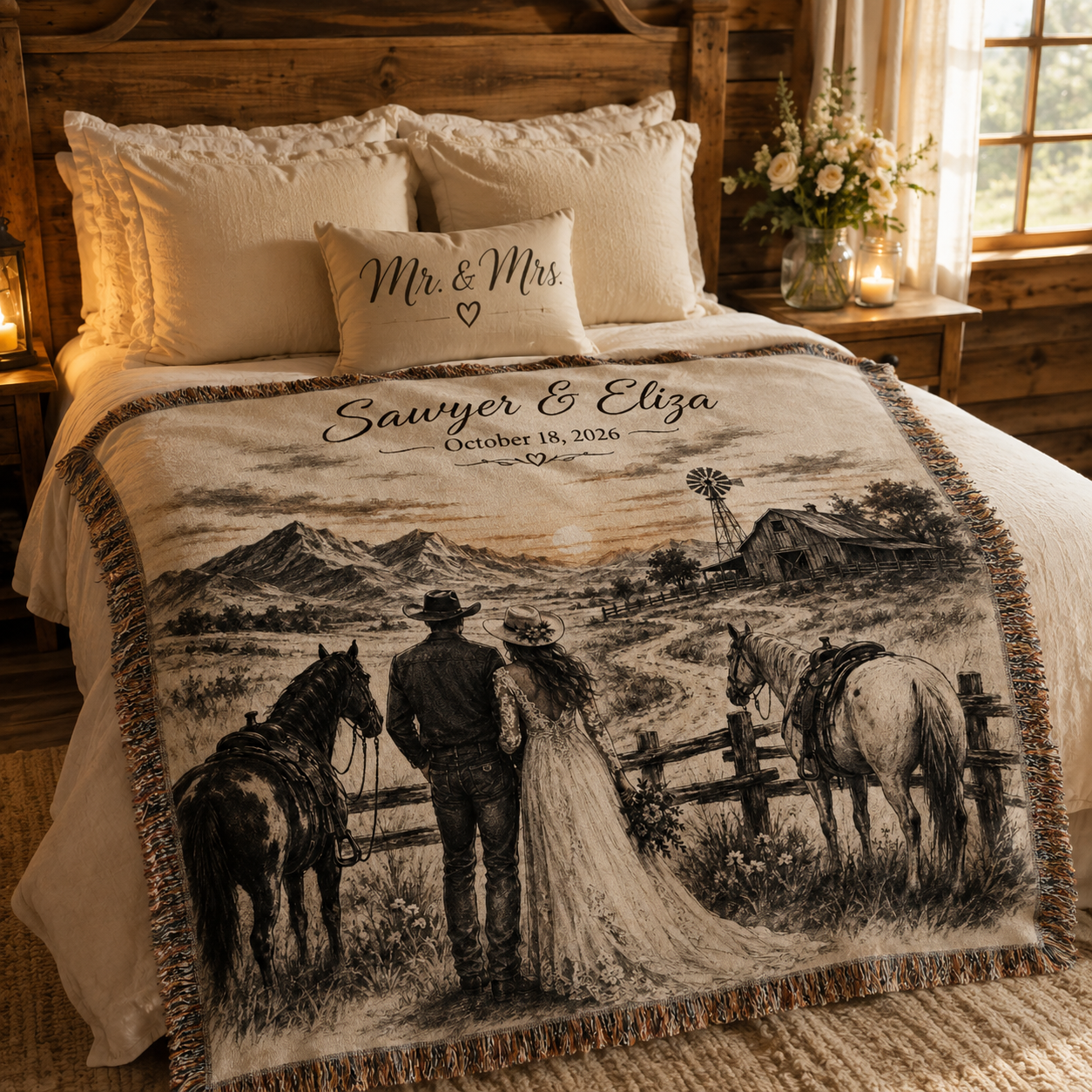 Personalized western wedding woven blanket styled across a rustic bedroom bed with cowboy couple artwork