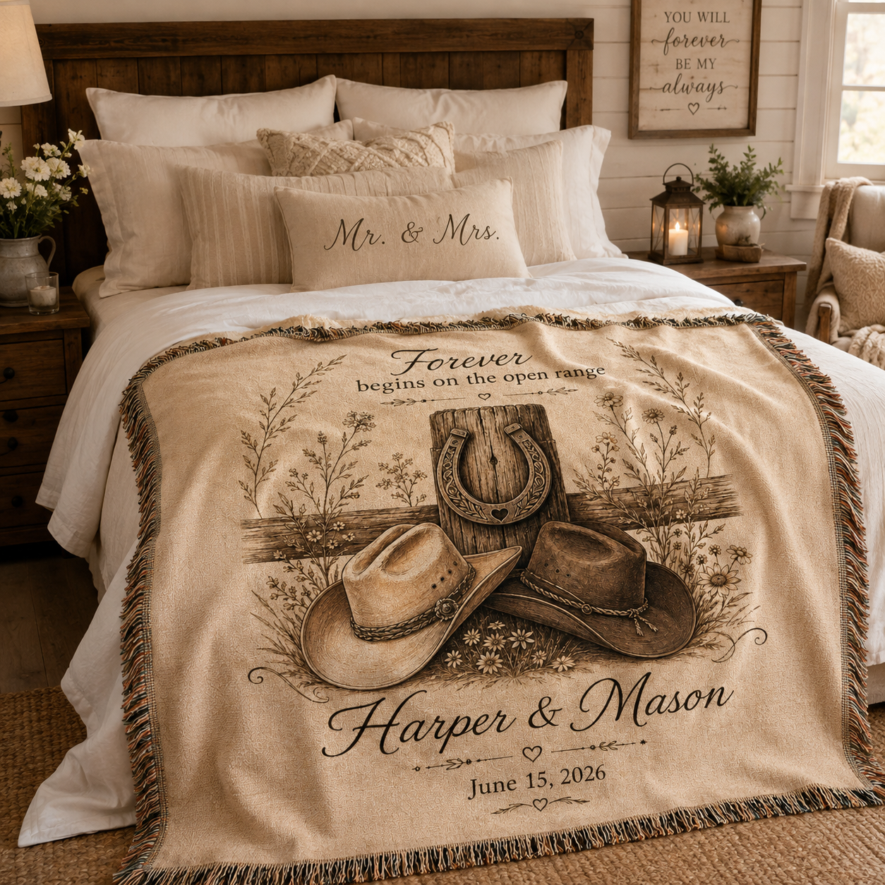 Personalized western wedding woven blanket styled across a romantic rustic bedroom bed