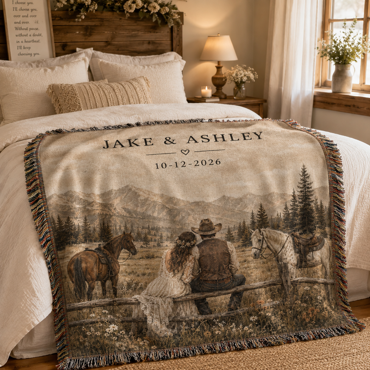 Personalized western wedding woven blanket styled across a romantic rustic bedroom bed