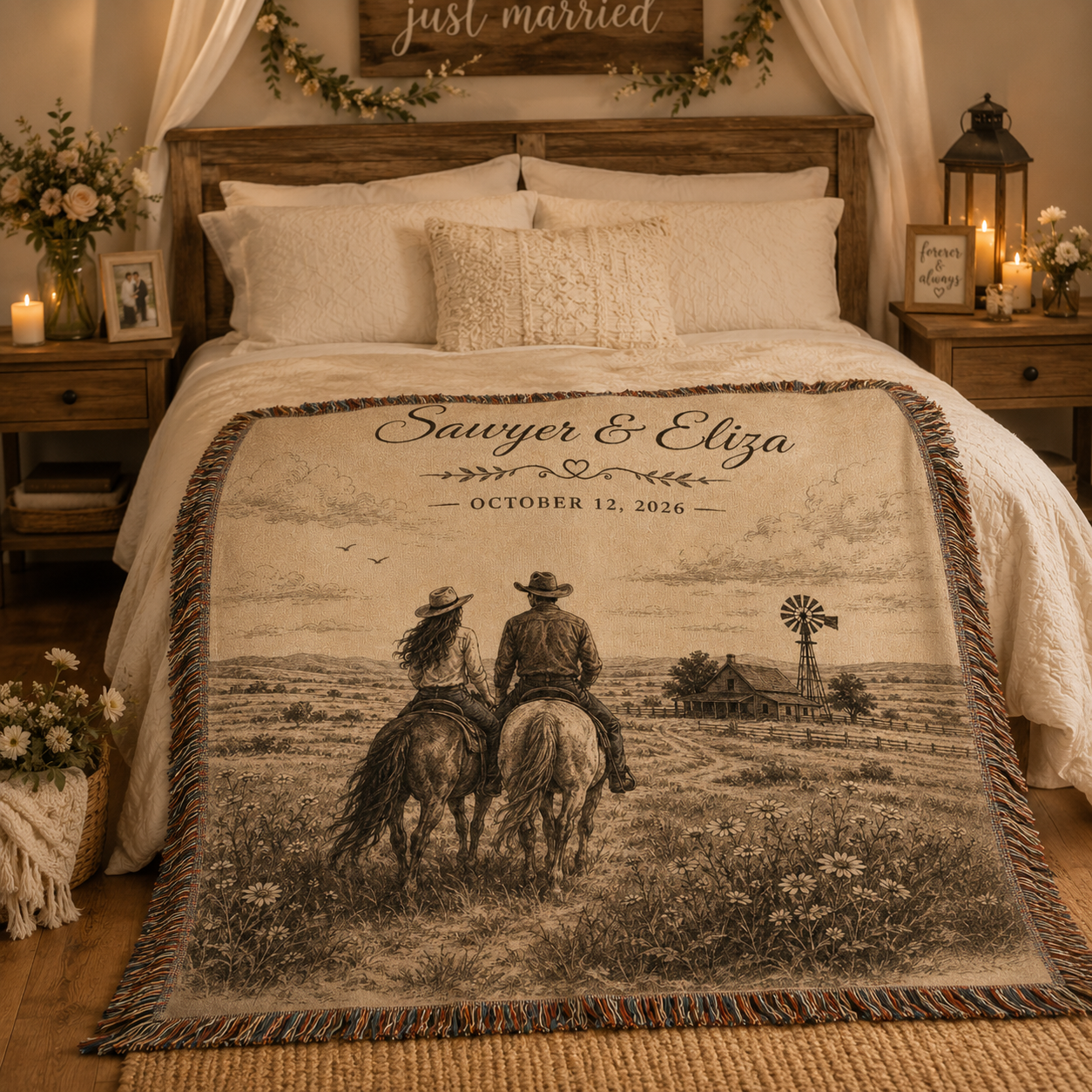Personalized western wedding woven blanket styled across a rustic romantic bedroom bed