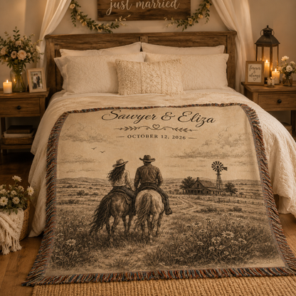 Personalized western wedding woven blanket styled across a rustic romantic bedroom bed