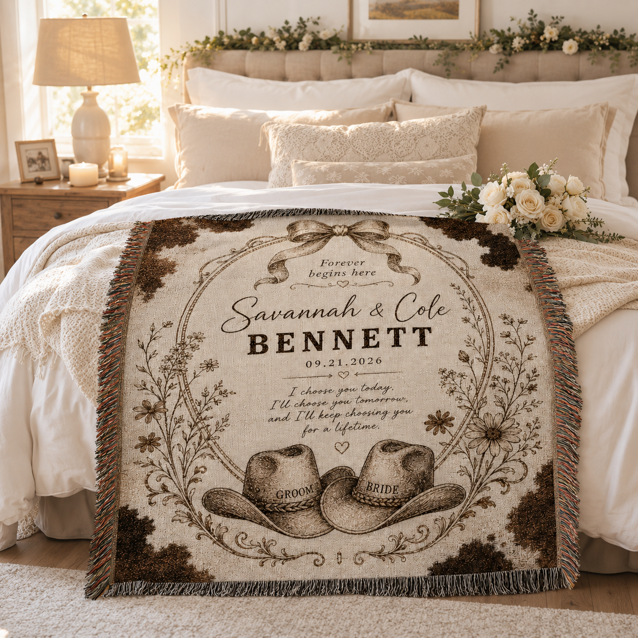 Personalized western wedding woven blanket styled across a romantic bedroom bed