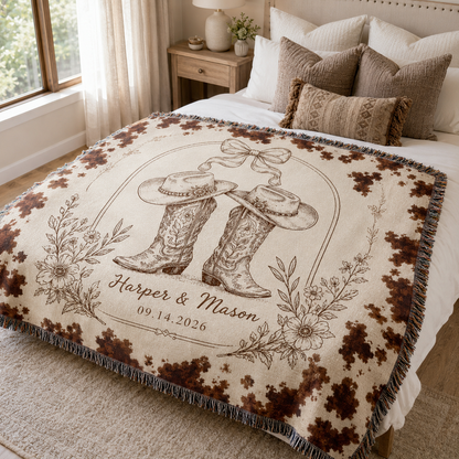 Personalized western wedding woven blanket with cowboy boots and couple names on a bed