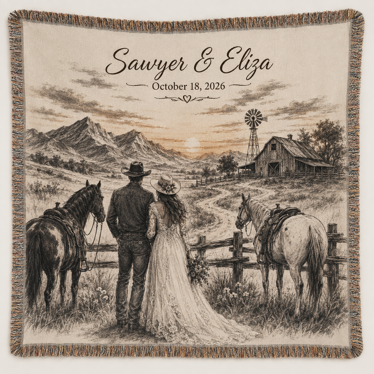 Personalized western wedding woven blanket with cowboy couple, horses, mountains, barn and custom names and date