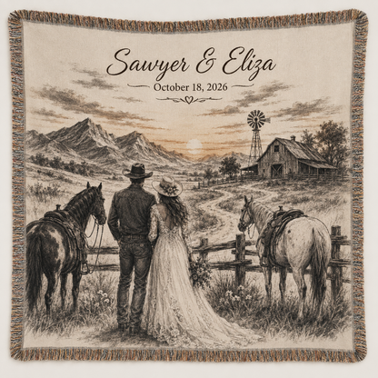 Personalized western wedding woven blanket with cowboy couple, horses, mountains, barn and custom names and date