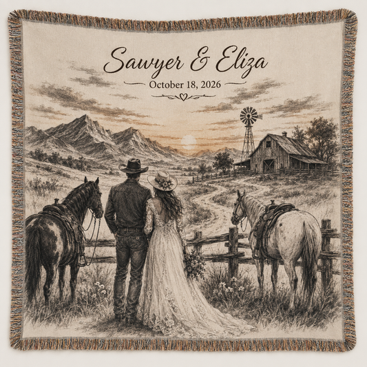 Personalized western wedding woven blanket with cowboy couple, horses, mountains, barn and custom names and date