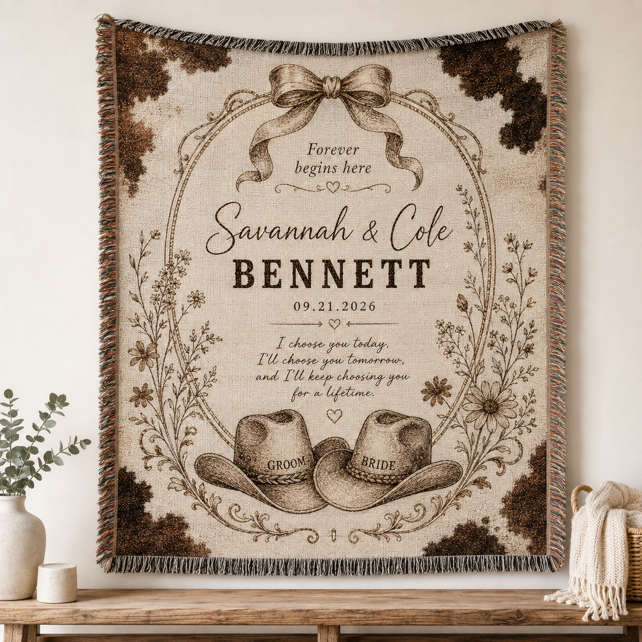 Personalized western wedding woven blanket with Savannah and Cole Bennett, cowboy hats and floral frame