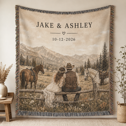 Personalized western wedding woven blanket with couple names, horses and mountain meadow