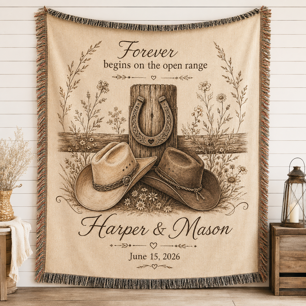 Personalized western wedding woven blanket with cowboy hats, horseshoe, Harper and Mason names and date