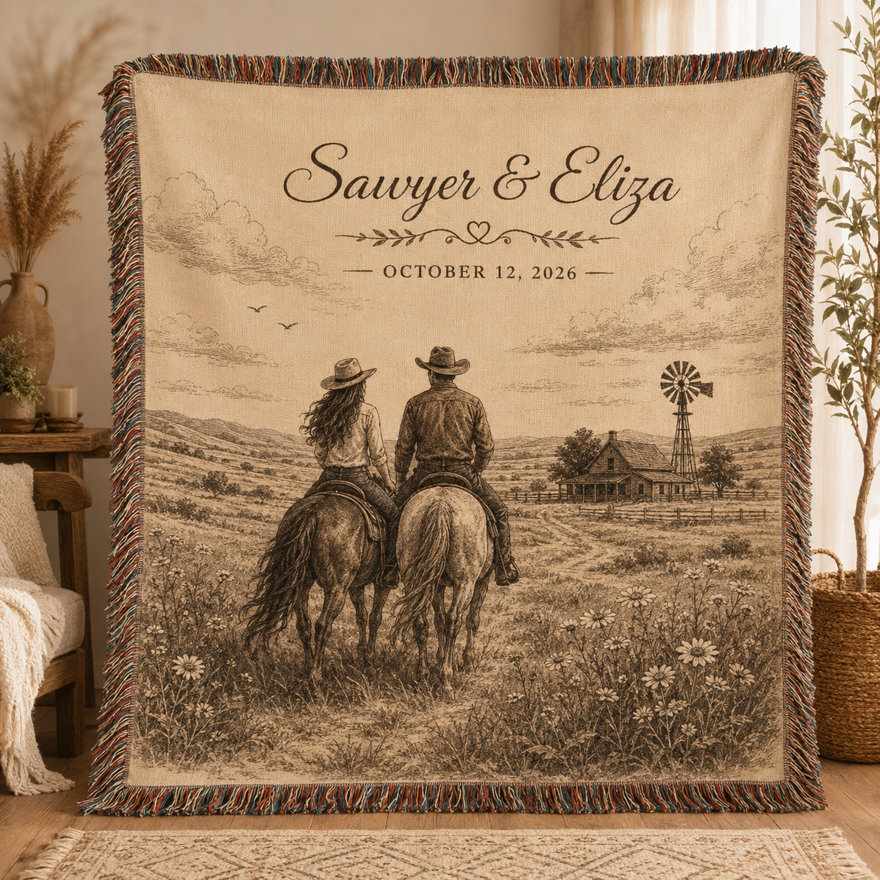 Personalized western wedding woven blanket with custom couple names and date, horseback riders, farmhouse and windmill