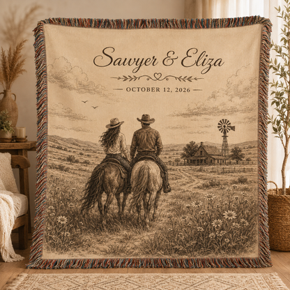 Personalized western wedding woven blanket with custom couple names and date, horseback riders, farmhouse and windmill