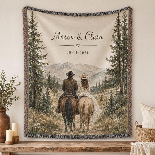 Personalized western wedding woven blanket with couple on horseback, mountain forest scenery, custom names and date