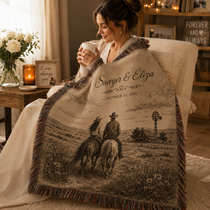 Personalized western wedding woven blanket used in a cozy reading nook with soft natural drape