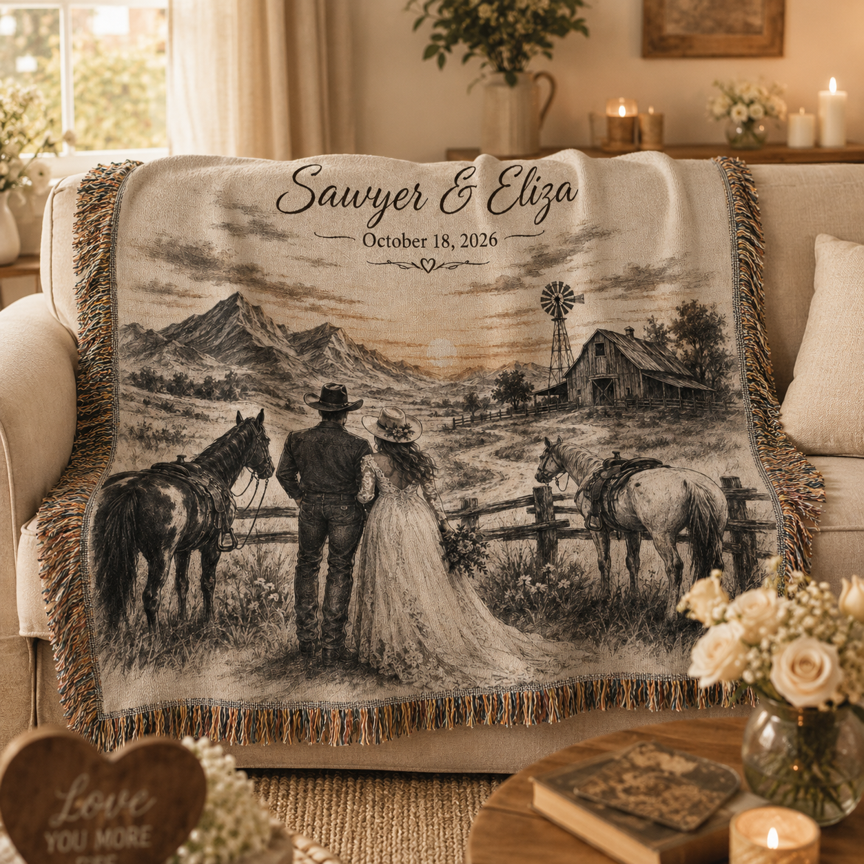 Personalized western wedding woven blanket softly draped on a neutral sofa with custom couple names and date