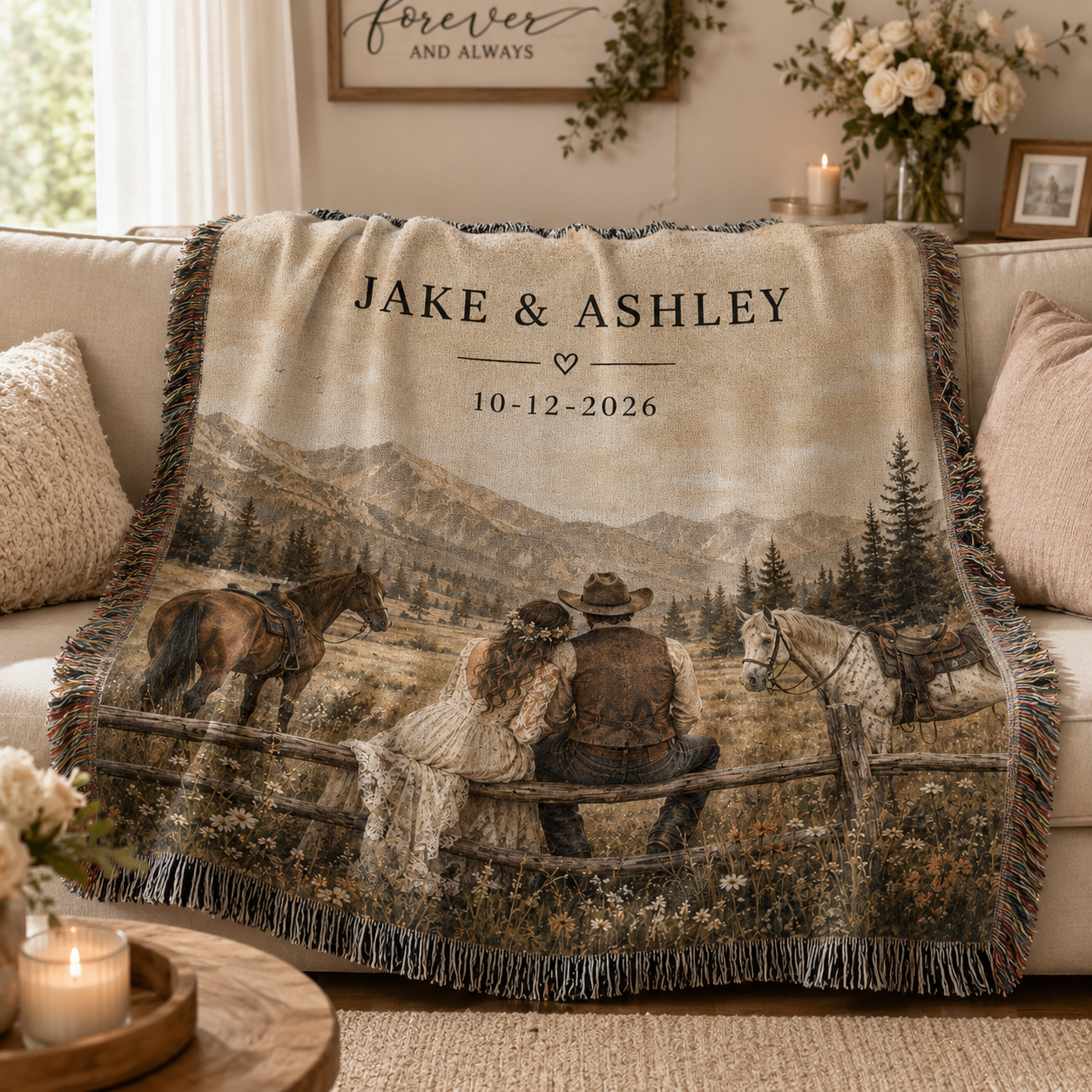 Personalized western wedding woven blanket softly draped over a neutral sofa