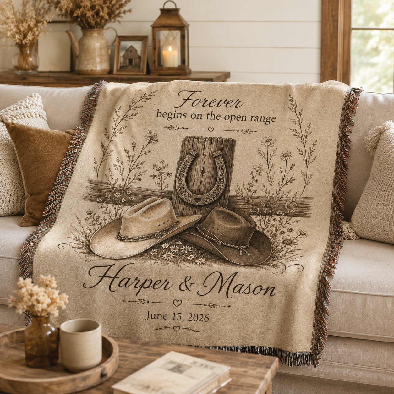 Personalized western wedding woven blanket softly draped on a rustic farmhouse sofa