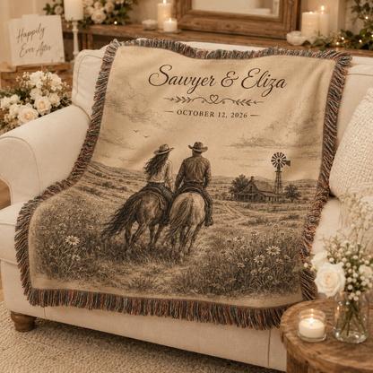 Personalized western wedding woven blanket softly draped on a cream sofa in a rustic romantic interior