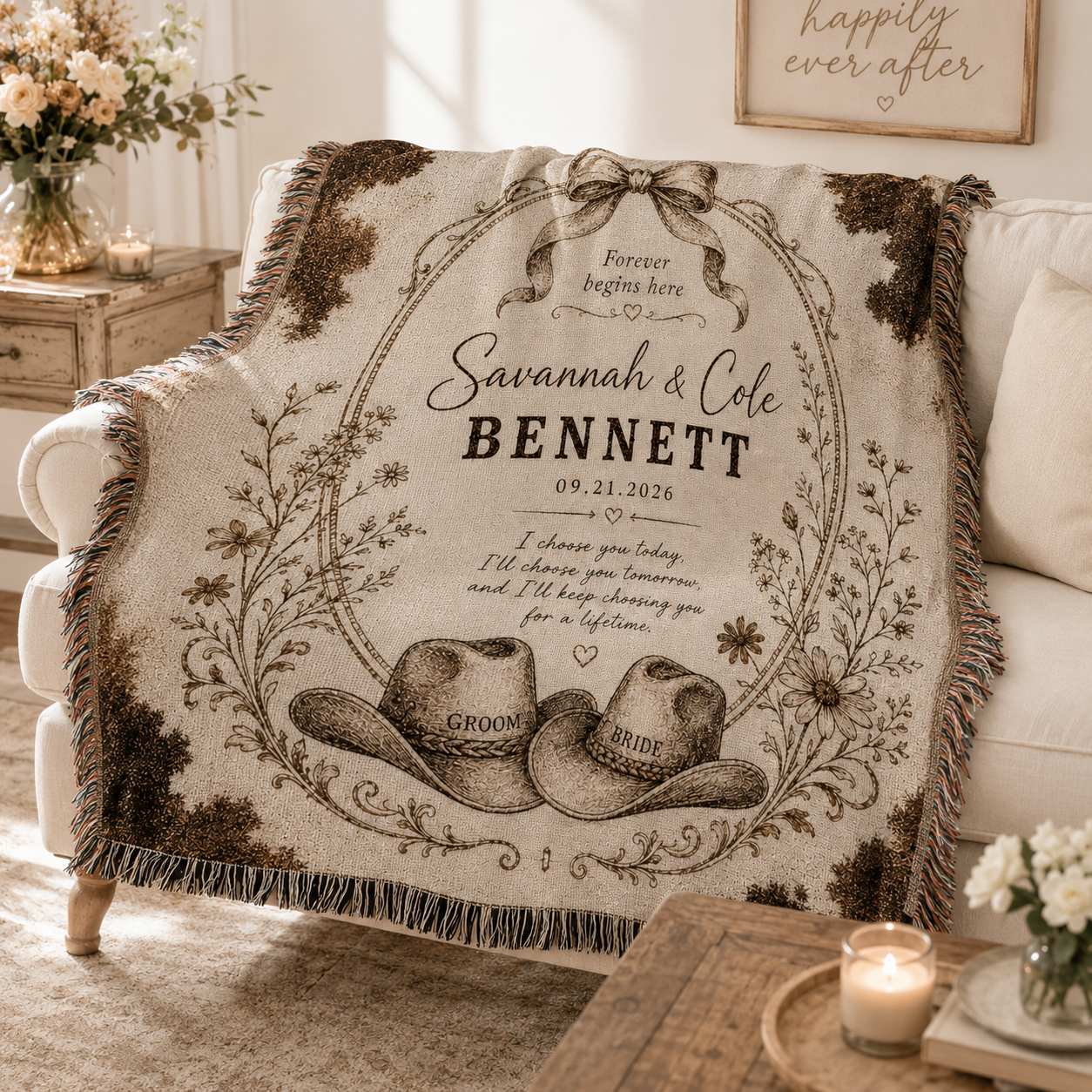 Personalized western wedding woven blanket softly draped on a neutral sofa