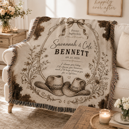 Personalized western wedding woven blanket softly draped on a neutral sofa