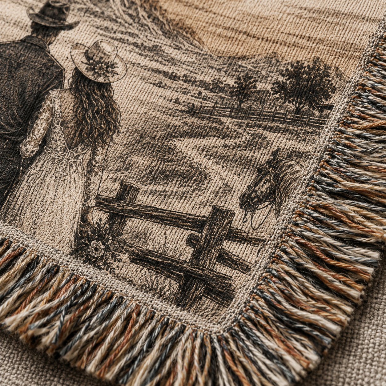 Macro close-up of woven texture and multicolor fringe on personalized western wedding blanket