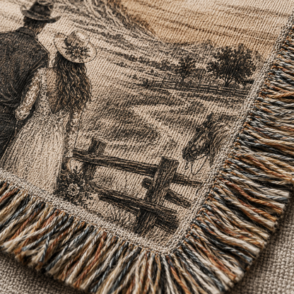 Macro close-up of woven texture and multicolor fringe on personalized western wedding blanket
