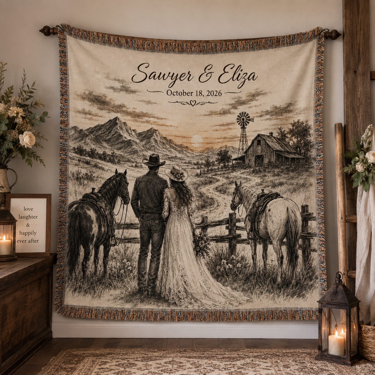 Personalized western wedding woven blanket displayed as rustic wall decor with custom couple names and wedding date