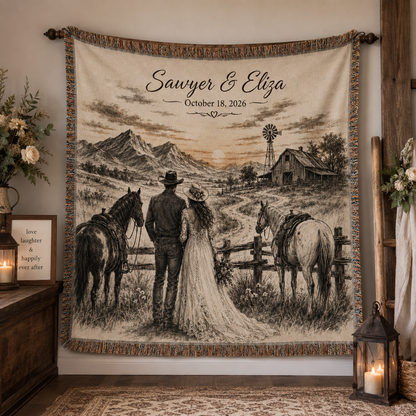 Personalized western wedding woven blanket displayed as rustic wall decor with custom couple names and wedding date