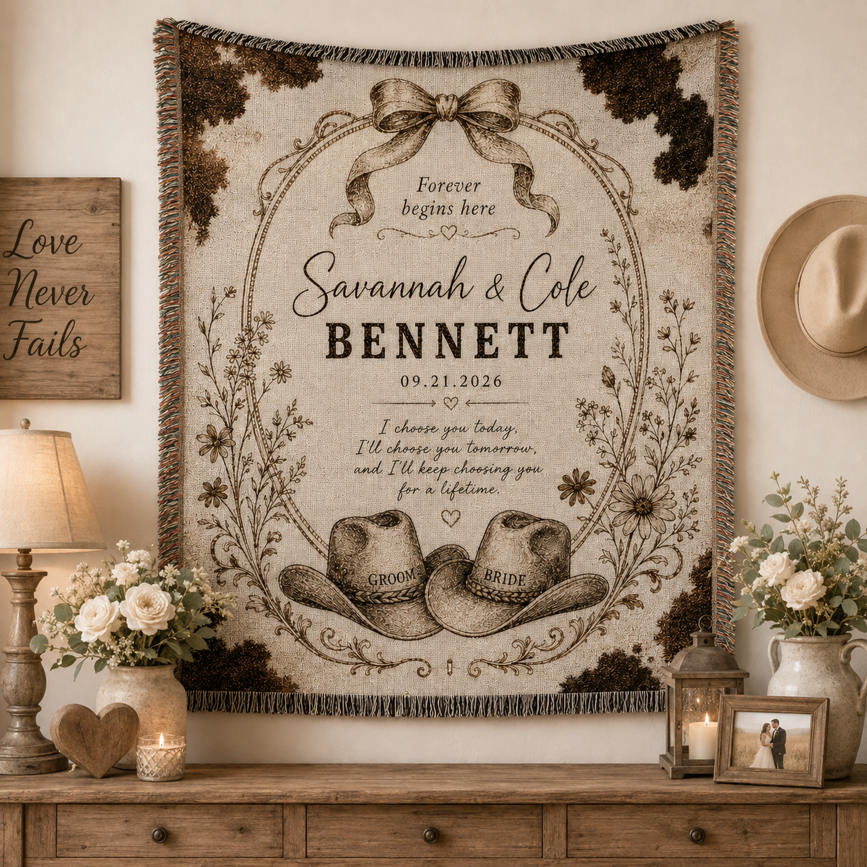 Personalized western wedding woven blanket displayed as rustic wall decor