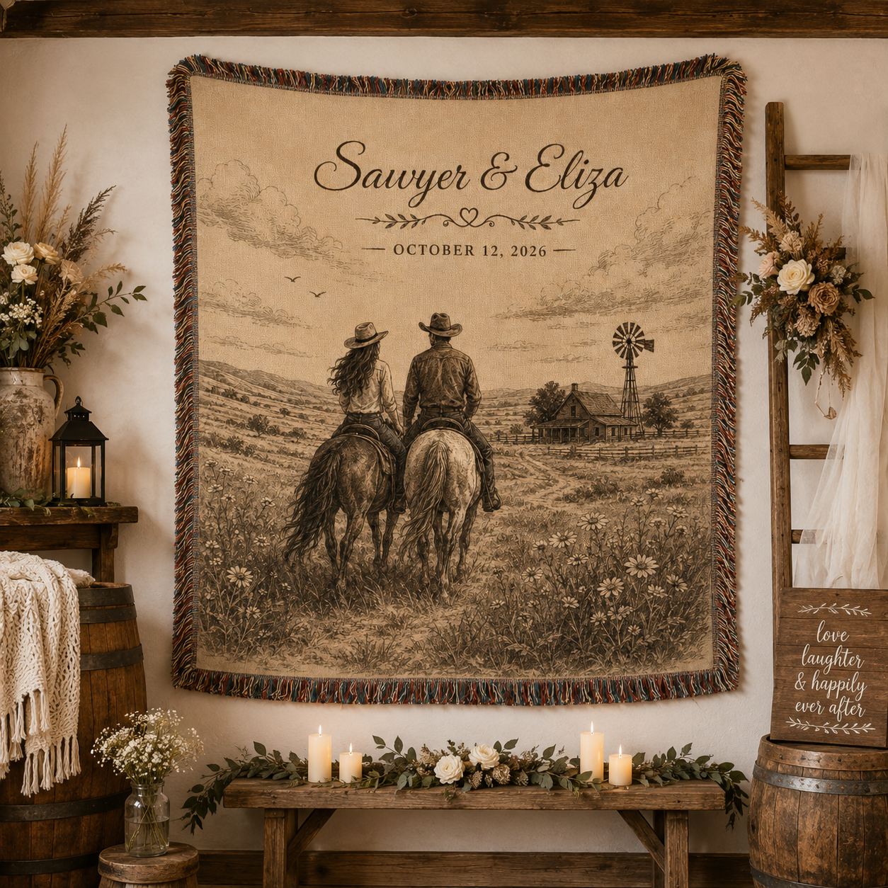 Personalized western wedding woven blanket displayed as rustic wedding wall decor