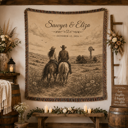 Personalized western wedding woven blanket displayed as rustic wedding wall decor