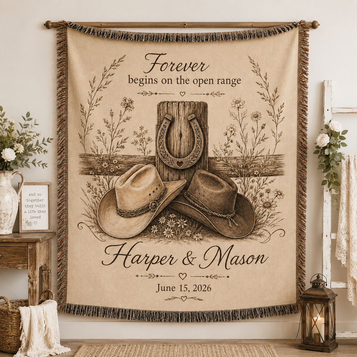 Personalized western wedding woven blanket displayed as rustic romantic wall decor
