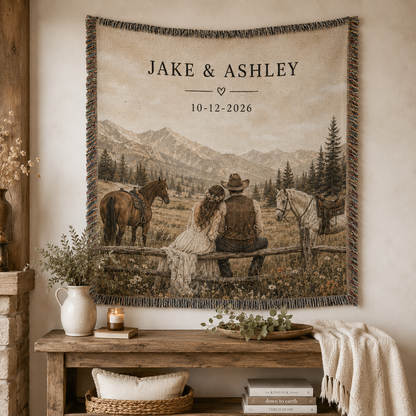 Personalized western wedding woven blanket displayed as rustic romantic wall decor