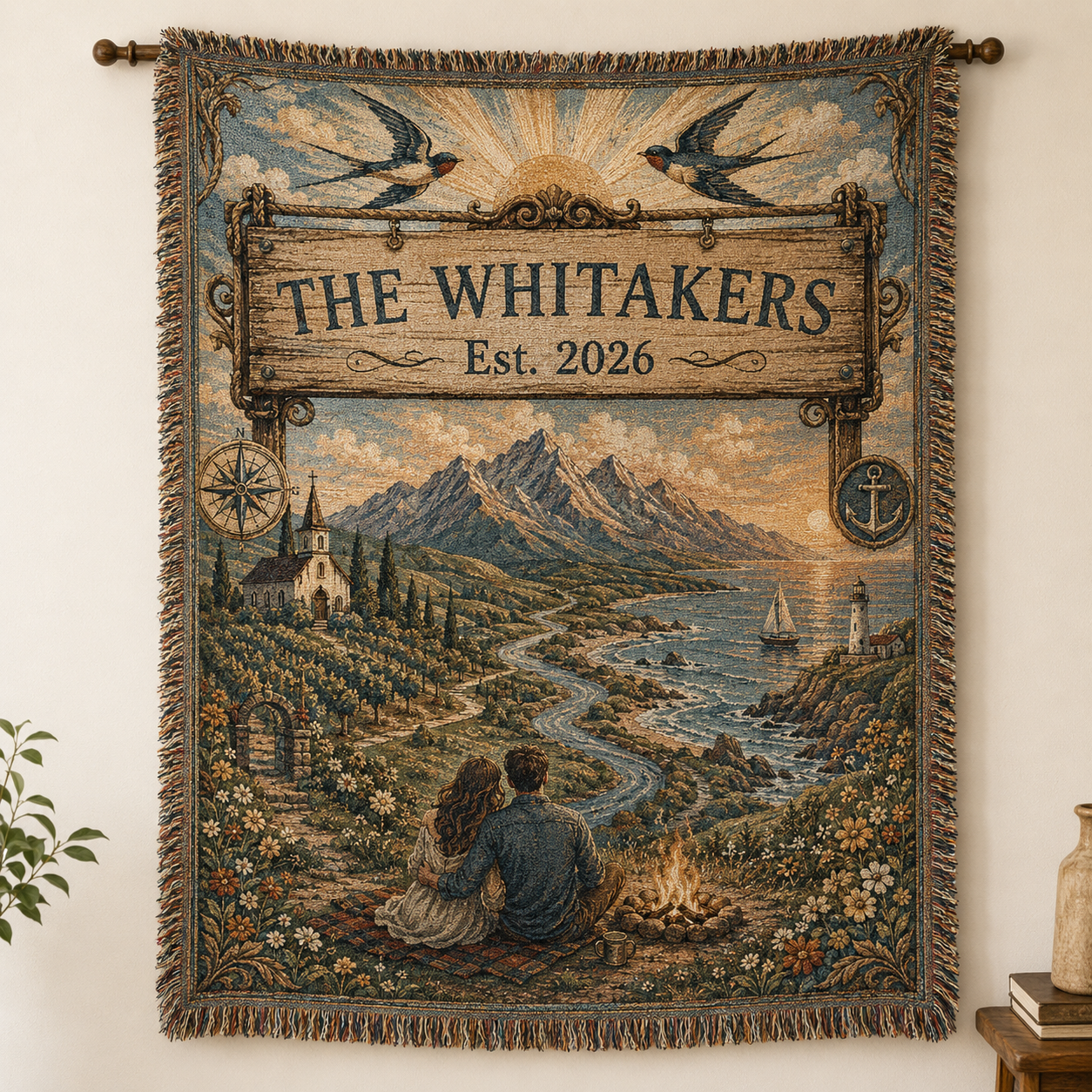 Personalized family wedding woven blanket with The Whitakers Est. 2026, mountain and coastal journey scene