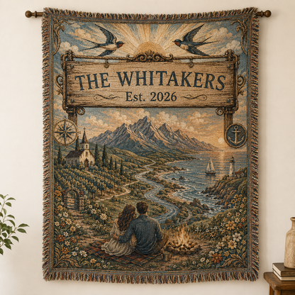Personalized family wedding woven blanket with The Whitakers Est. 2026, mountain and coastal journey scene