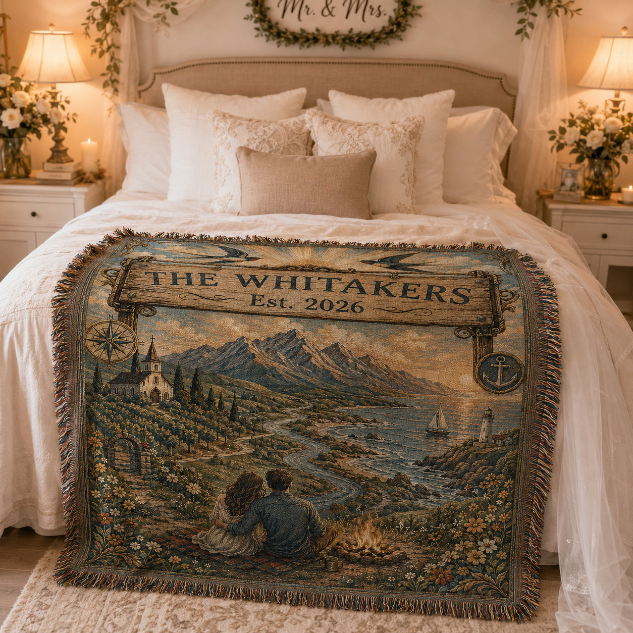 Personalized Whitakers family woven blanket styled across an elegant wedding-themed bedroom bed