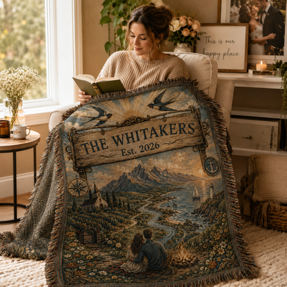 Woman reading with a personalized Whitakers woven blanket in a cozy wedding-inspired reading nook