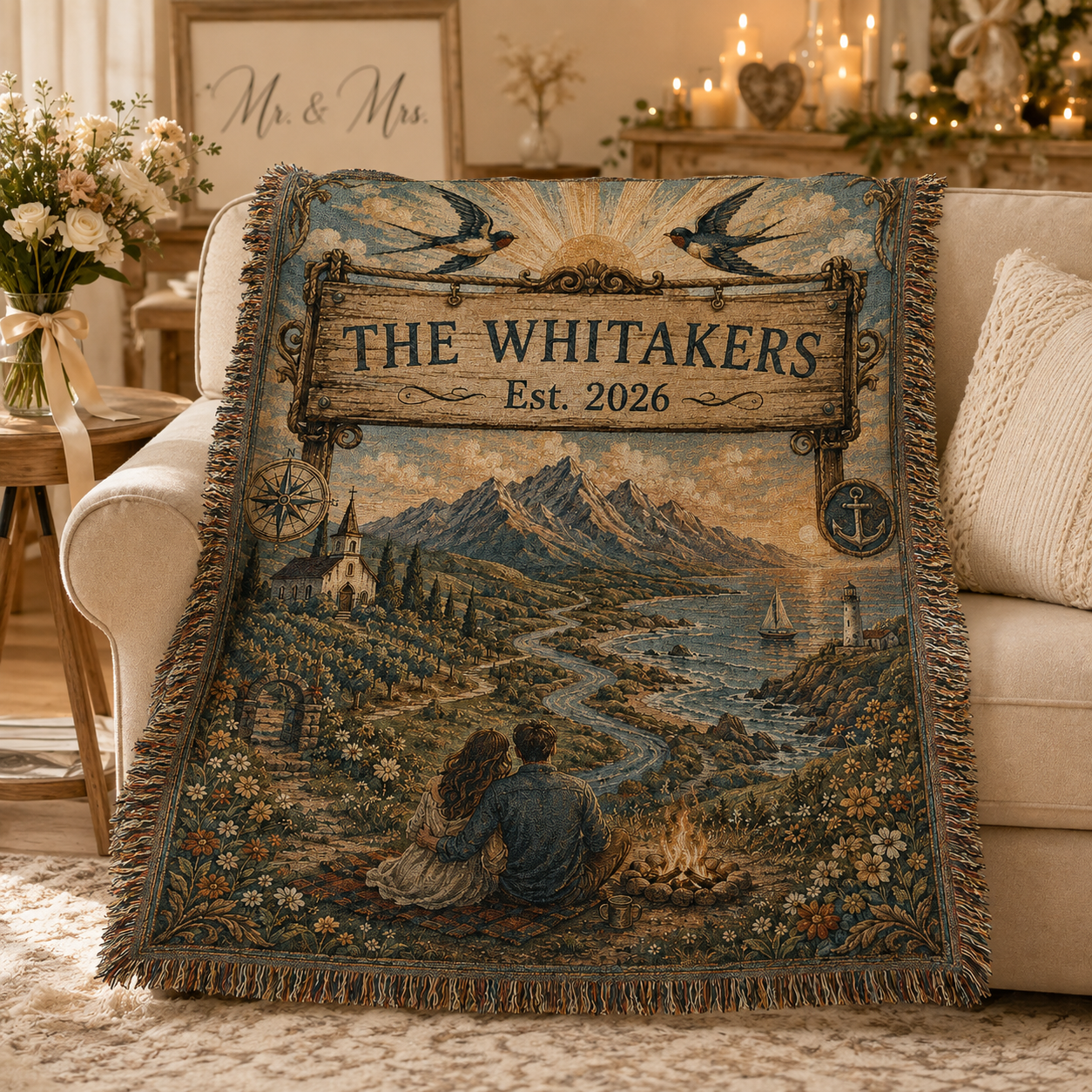 Personalized Whitakers woven blanket softly draped on a cream sofa in a romantic wedding-themed living room