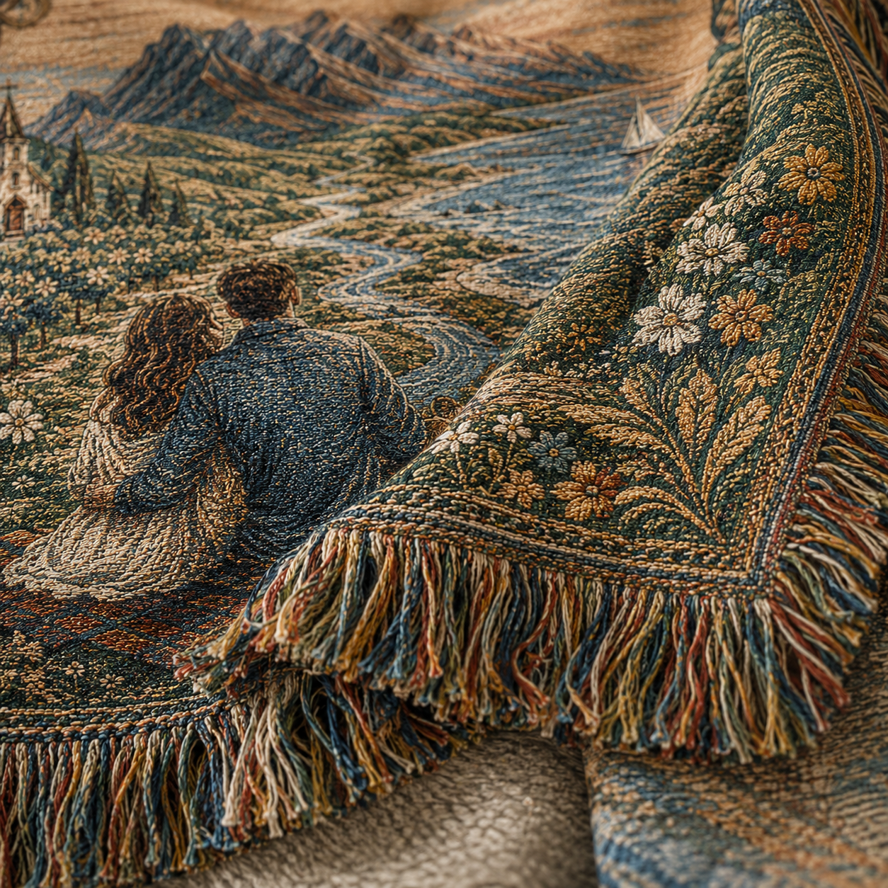 Macro woven texture and multicolor fringe detail of a personalized Whitakers scenic woven blanket